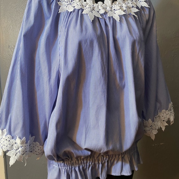NWOT BEDFORD FAIR Blue and White Pinstripe Cotton Embroidered Trim Blouse - Picture 4 of 16